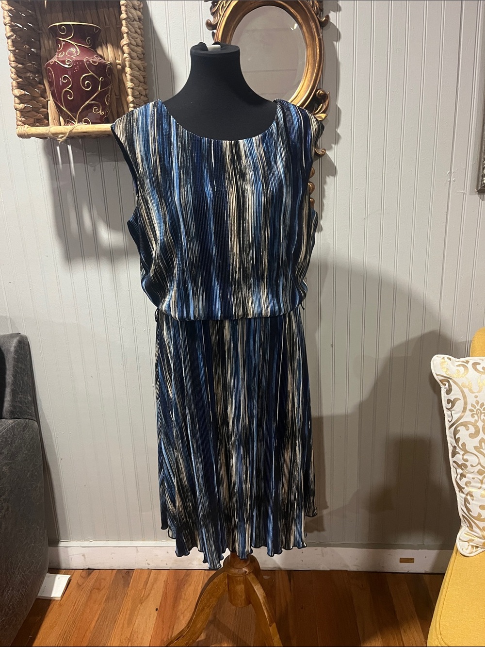 connected apparel Blue and White Striped Pleated Midi Dress
